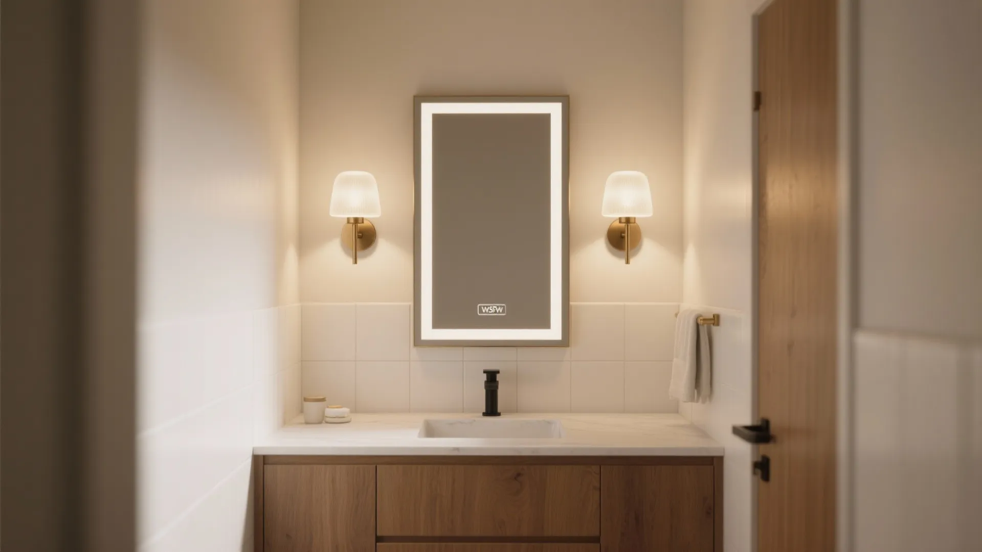 Soft, 2700–3000K Vanity Sconces at Eye Level