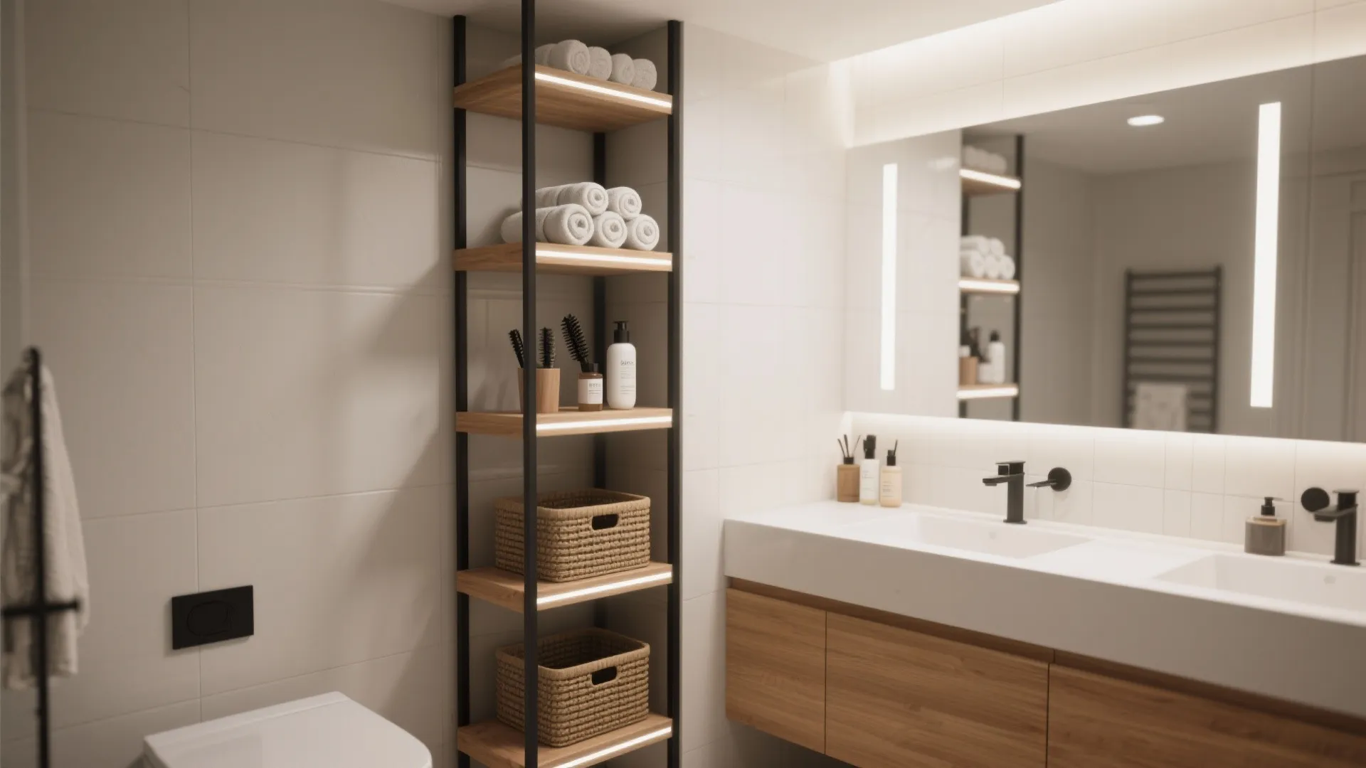 Slim Open-Shelf Tower by the Vanity
