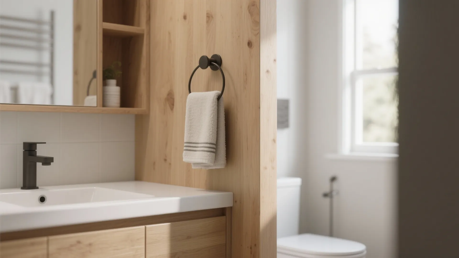 Modern bathroom sink with wooden cabinet and a black towel ring hanging on wood panel