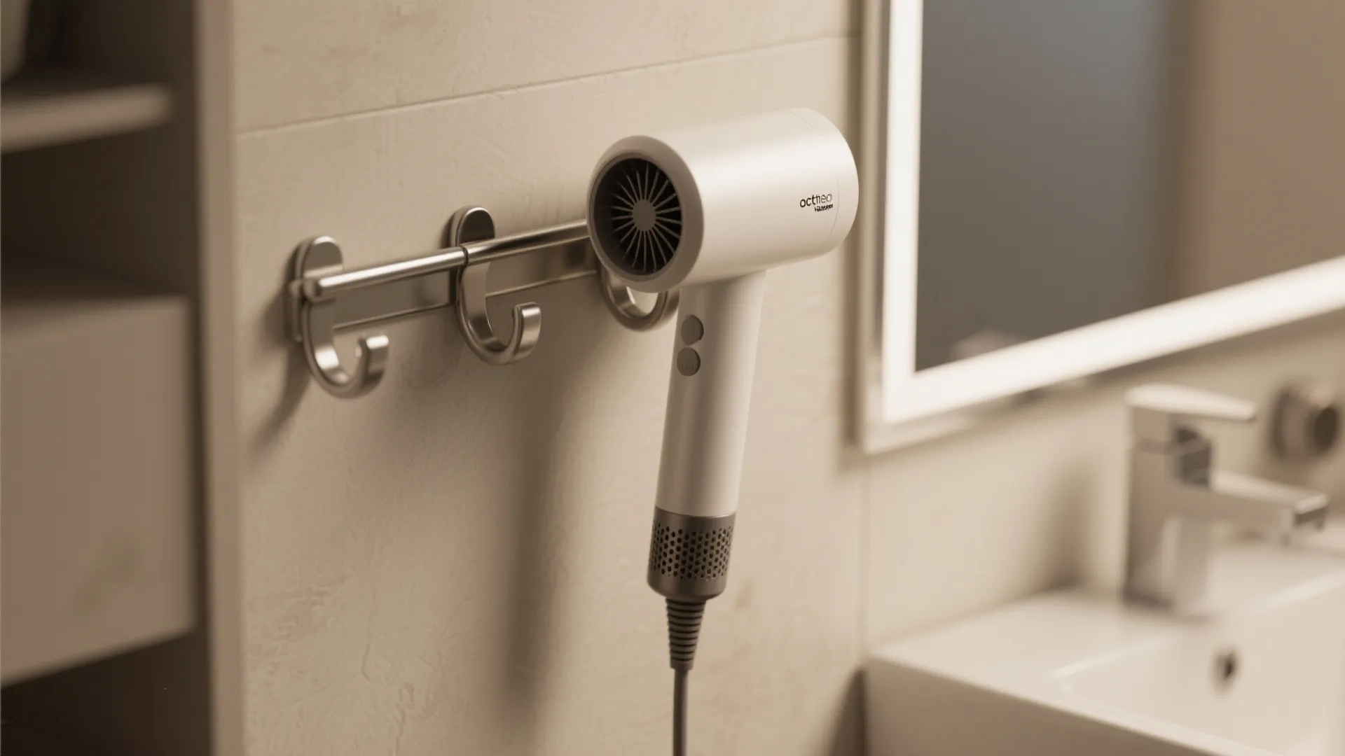 White hair dryer hanging on metal wall hooks in a modern bathroom near a mirror