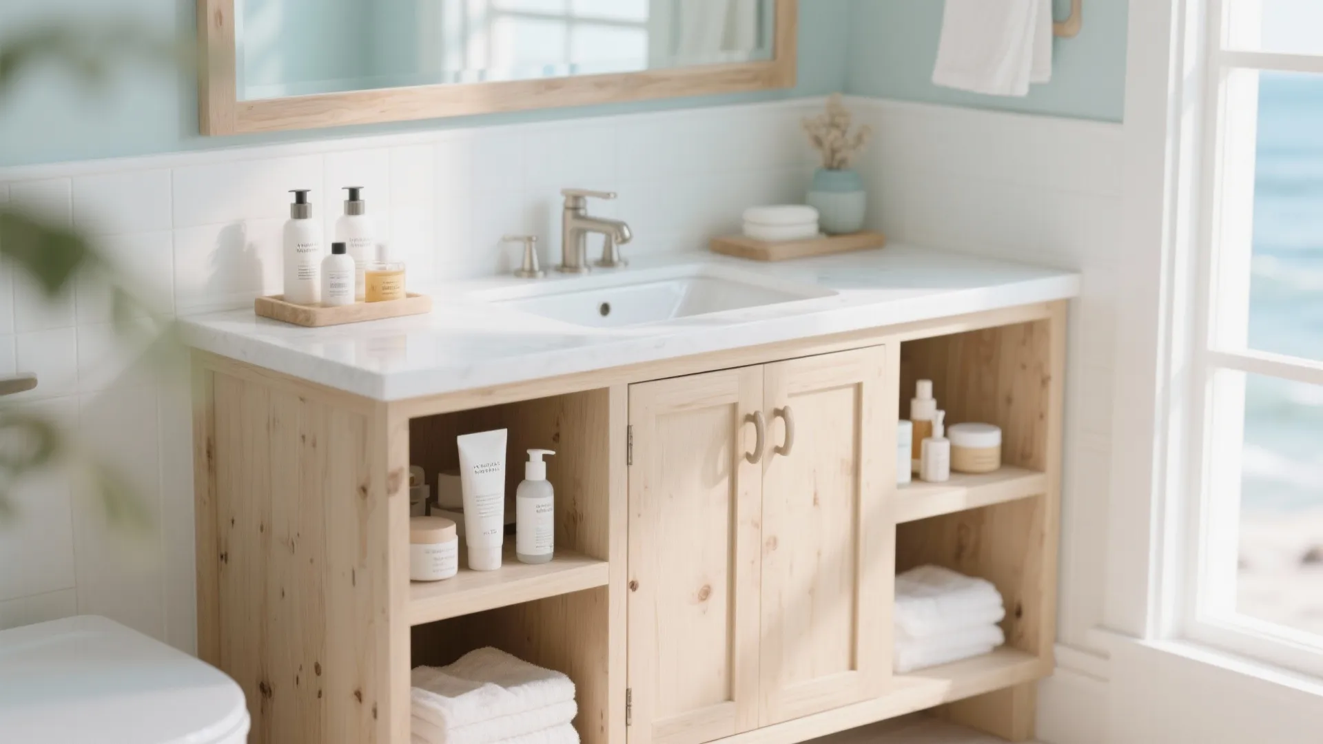 Light wood bathroom cabinet with open shelves holding skin care products near a bright window