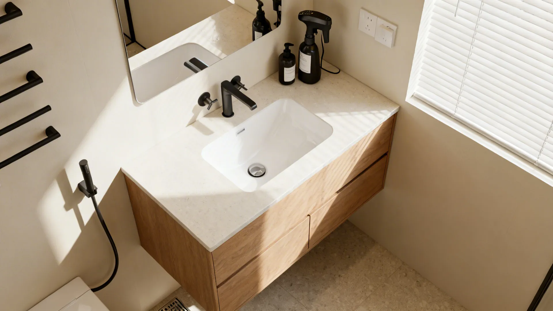 Compact vanity with integrated sink for at-home shampooing, waterproof countertop and modern fixtures
