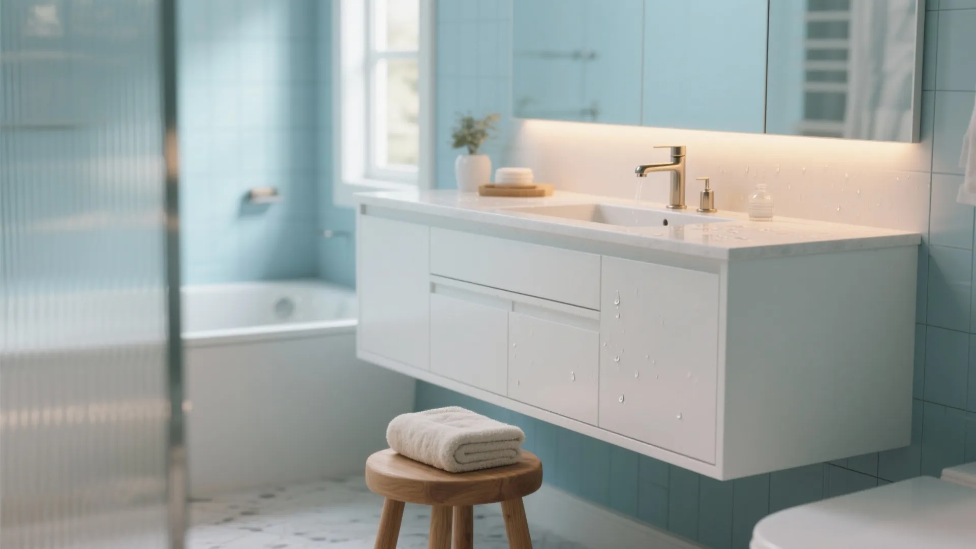 Modern light blue bathroom featuring white floating cabinet gold faucet wooden stool and white bathtub