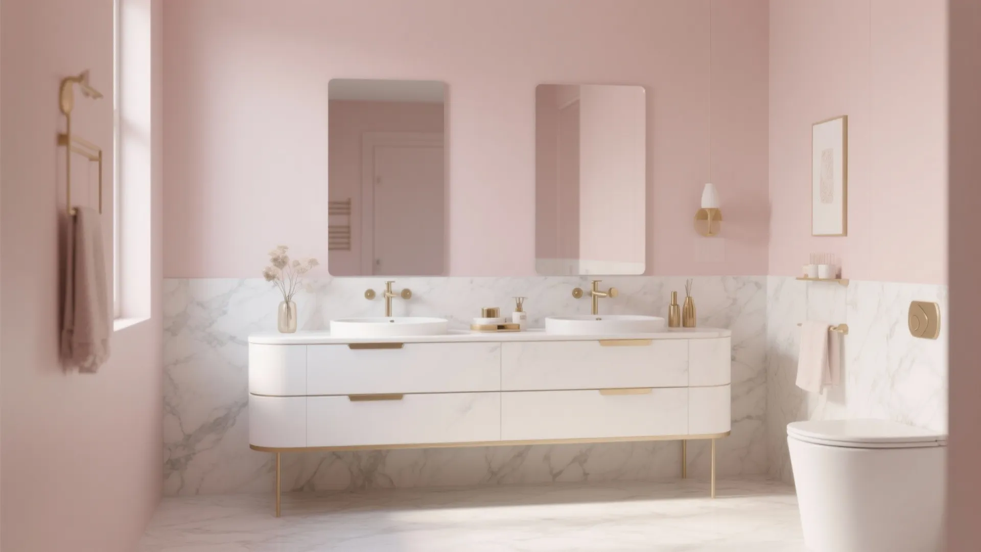Soft pink bathroom with long white cabinet double sinks gold faucets two mirrors and marble