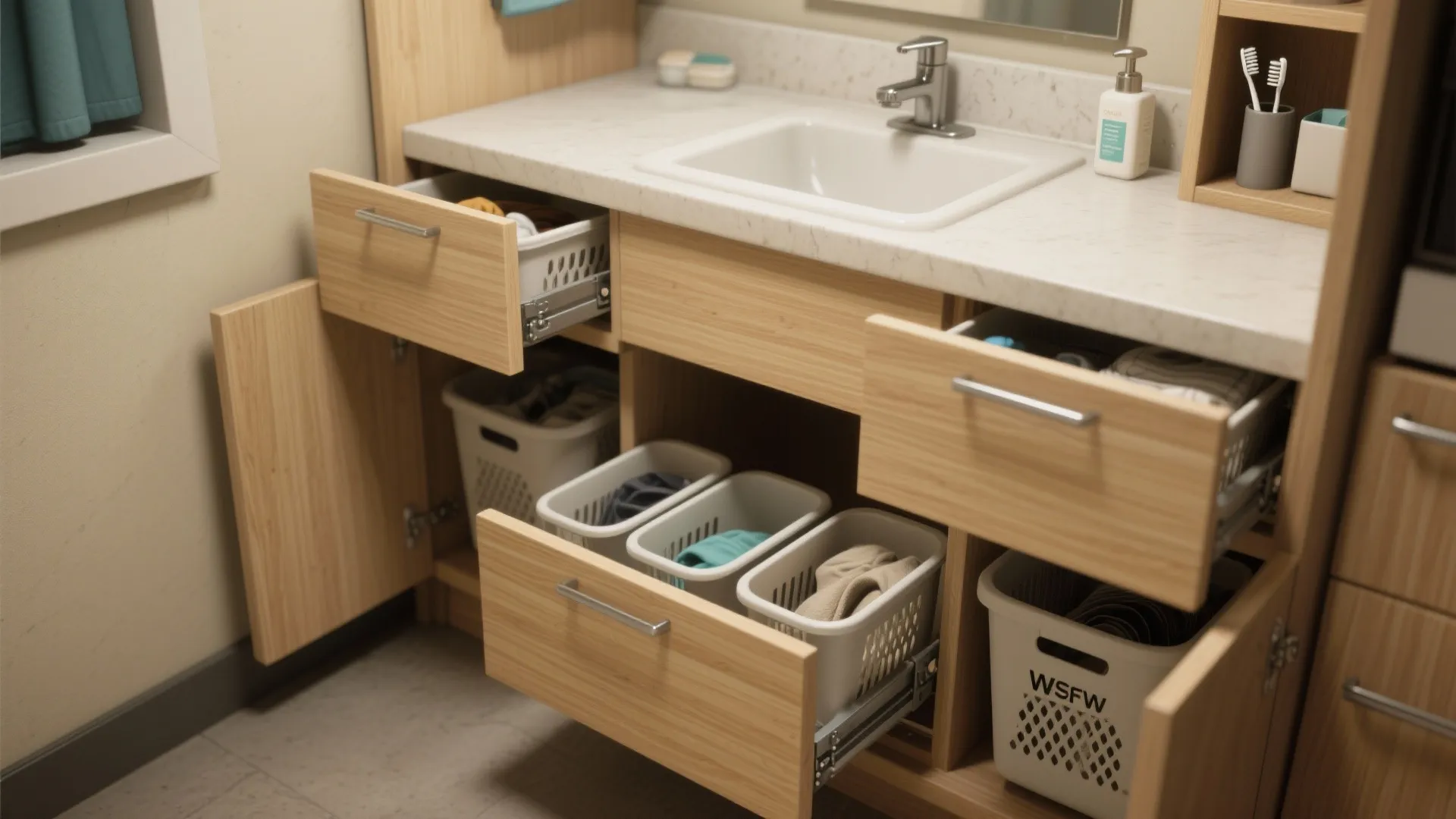4. Compact Vanity That Doubles as Laundry Sorter