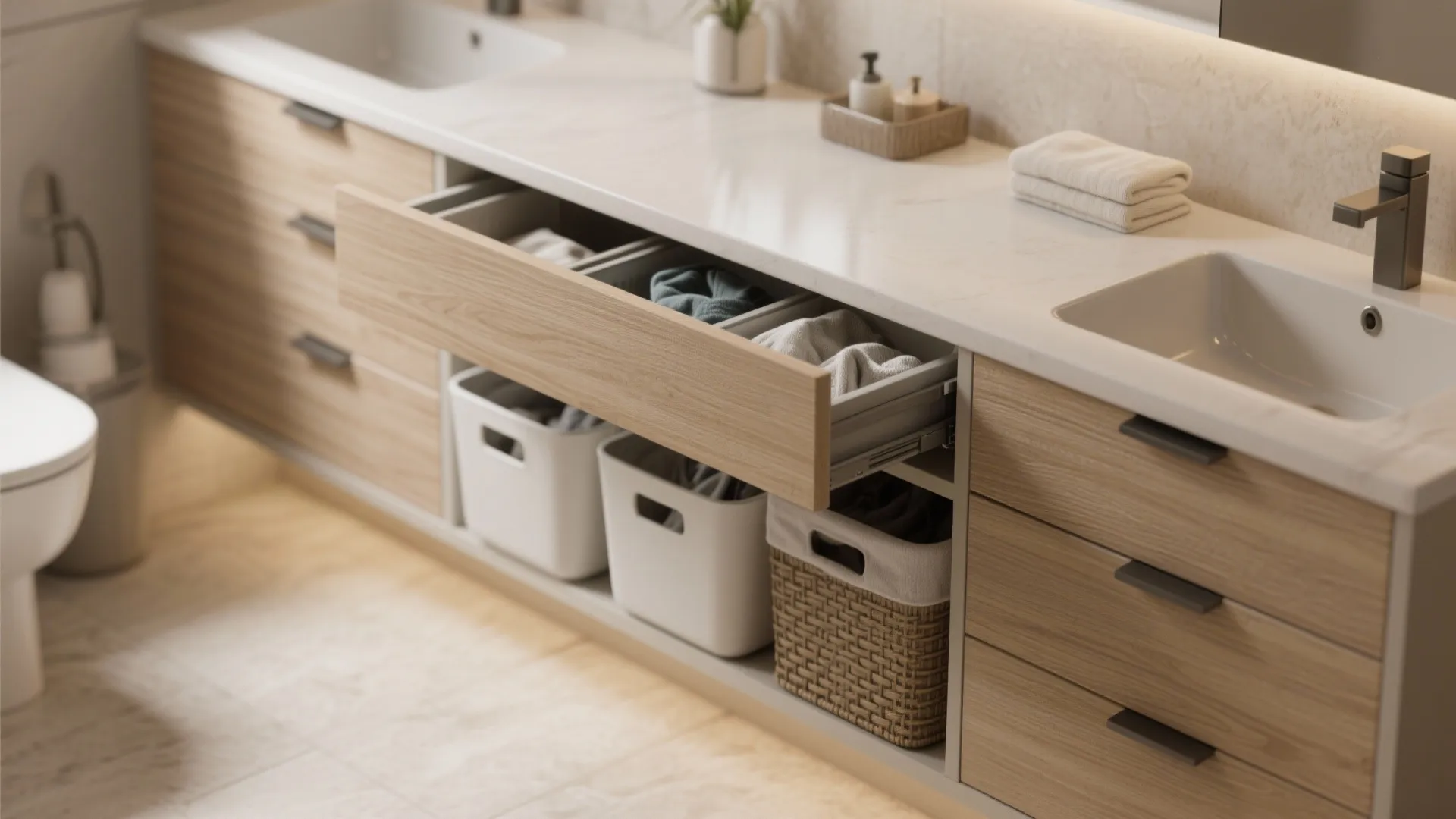 5. Integrated vanity with sorting bins and folding shelf