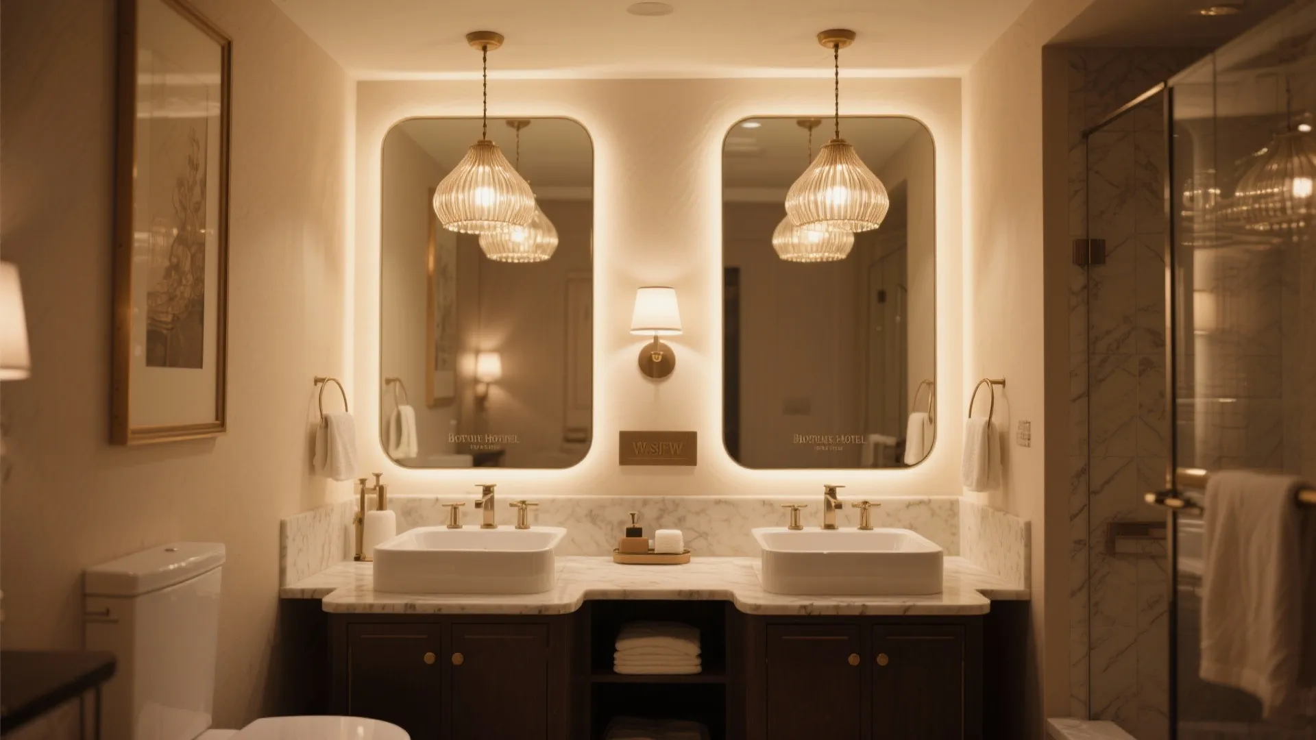 Modern bathroom vanity with two white sinks backlit mirrors hanging ceiling lights and dark cabinets