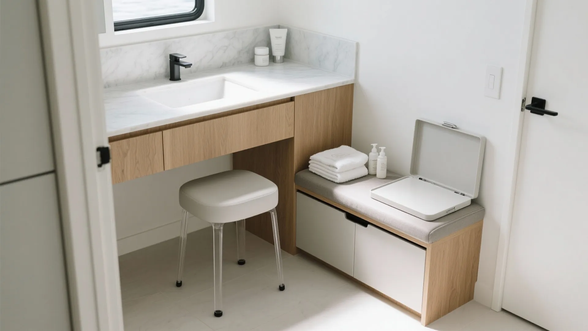 Bright bathroom vanity with wooden cabinet white marble counter top small stool and storage bench area