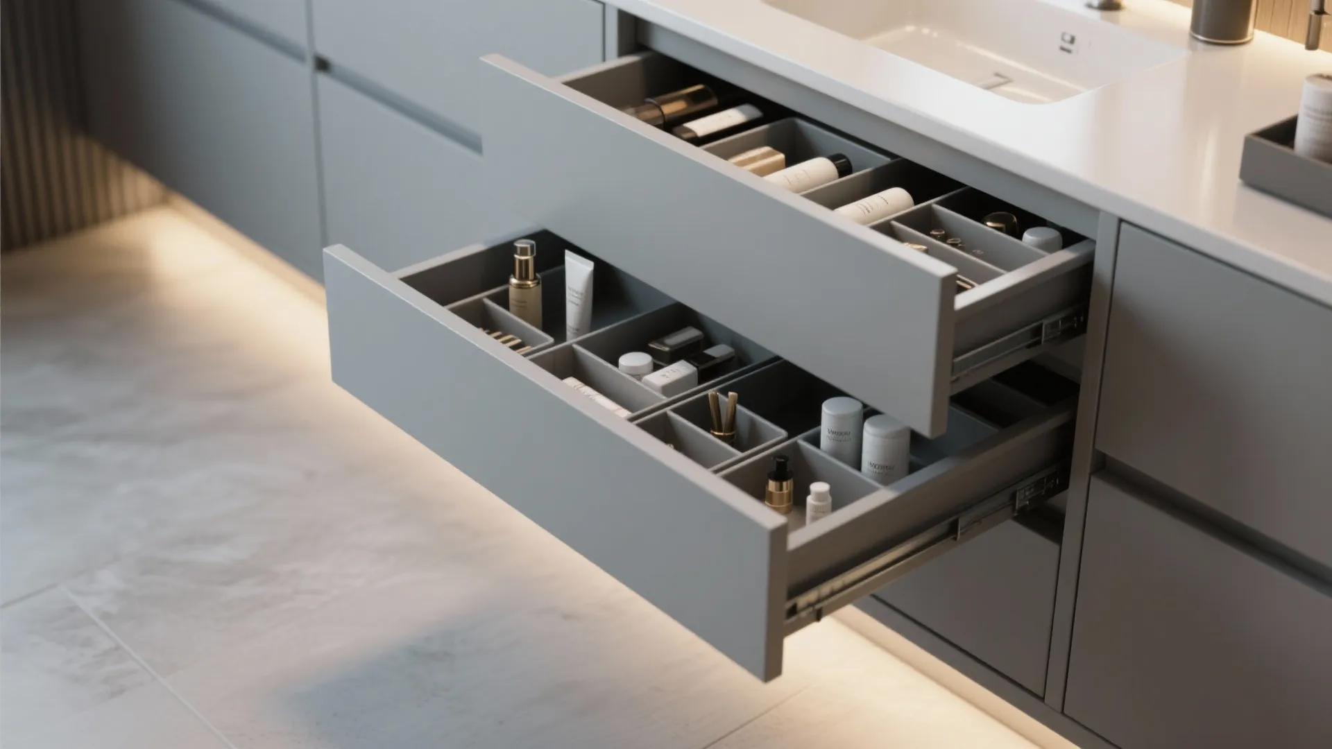 Integrated pull-out trays and organized drawers inside a gray bathroom vanity