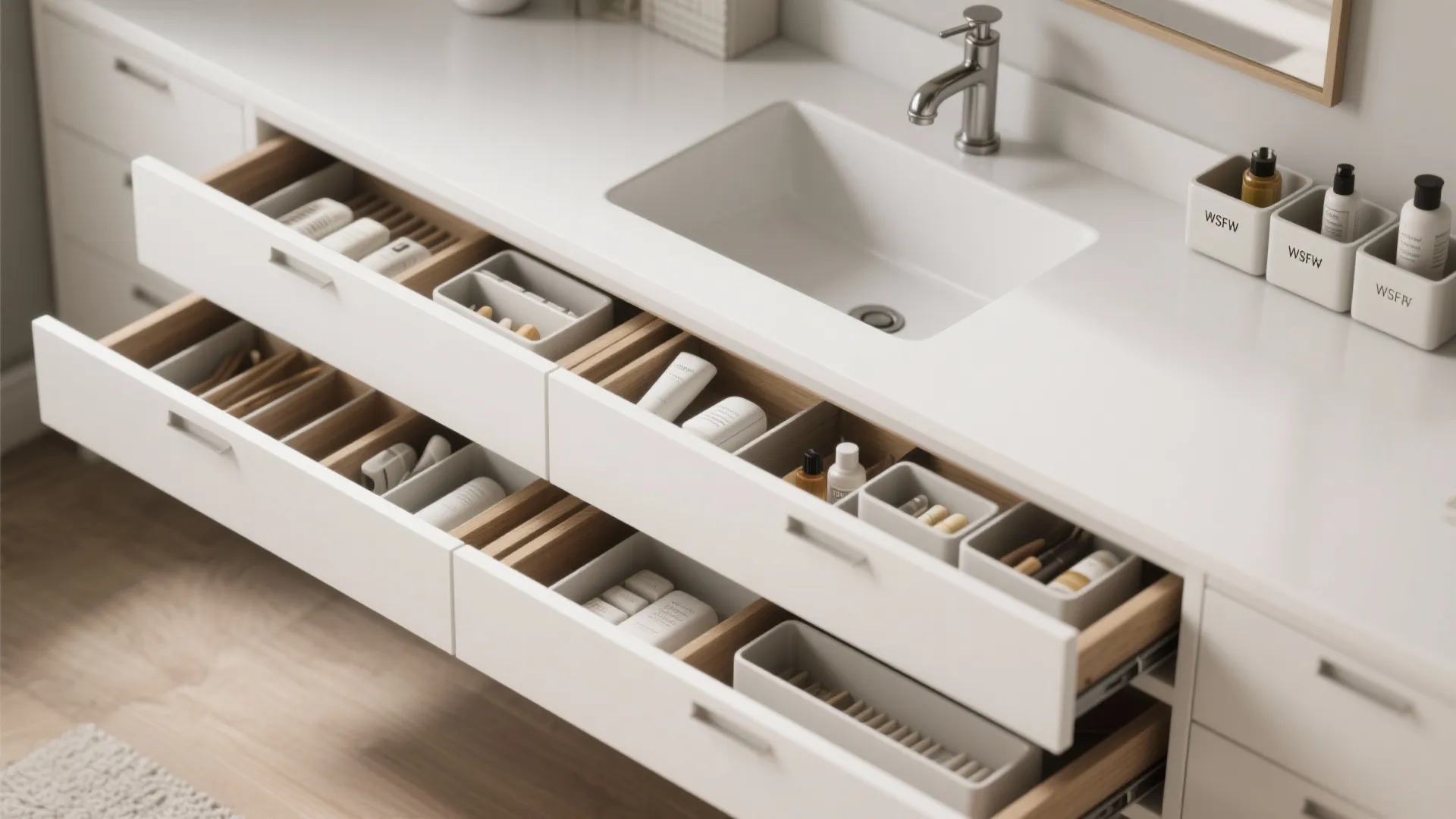 4. Integrated storage solutions with a 42-inch white vanity