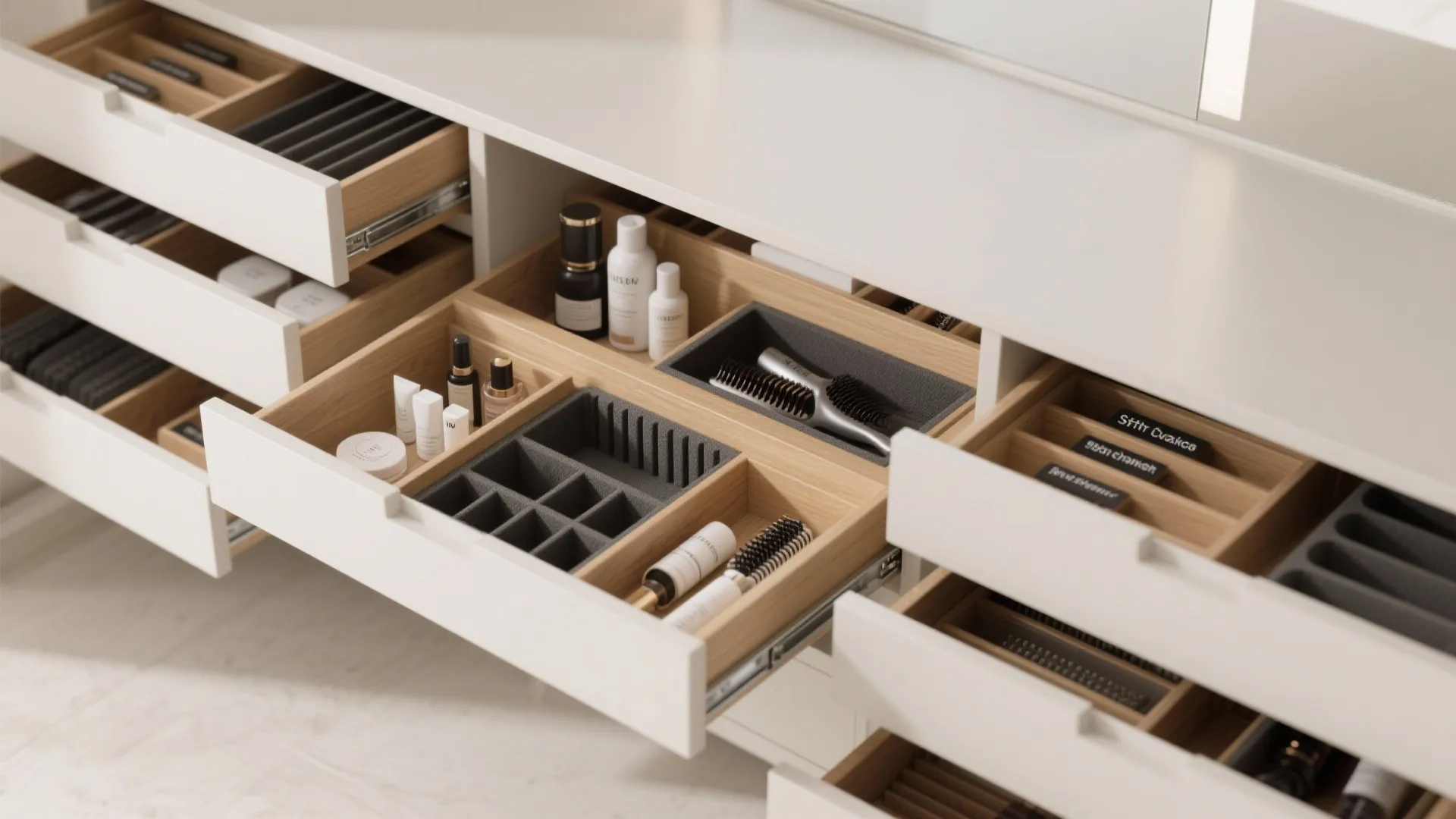 Open white cabinet drawers with wooden dividers holding skin care bottles brushes and makeup products
