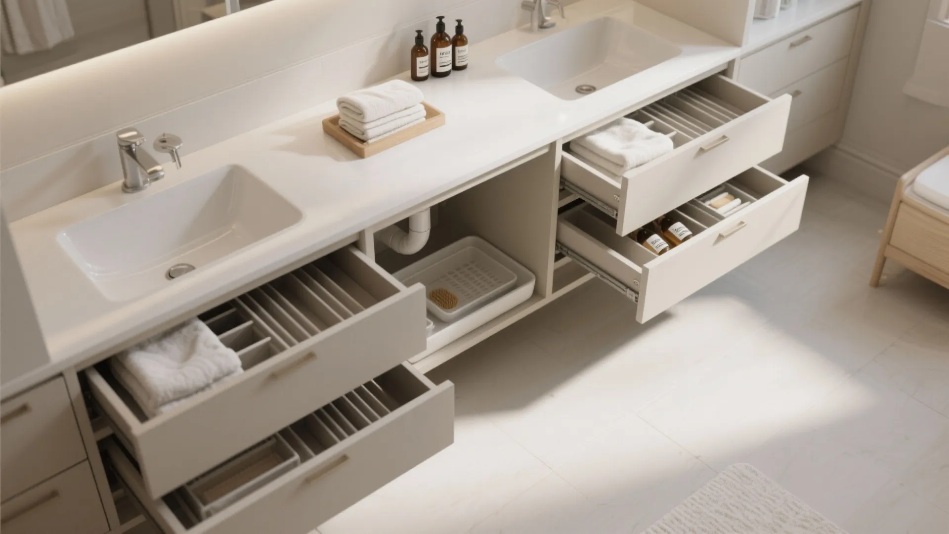 Top-down view of open 36-inch vanity drawers with dividers and a pull-out cleaning tray