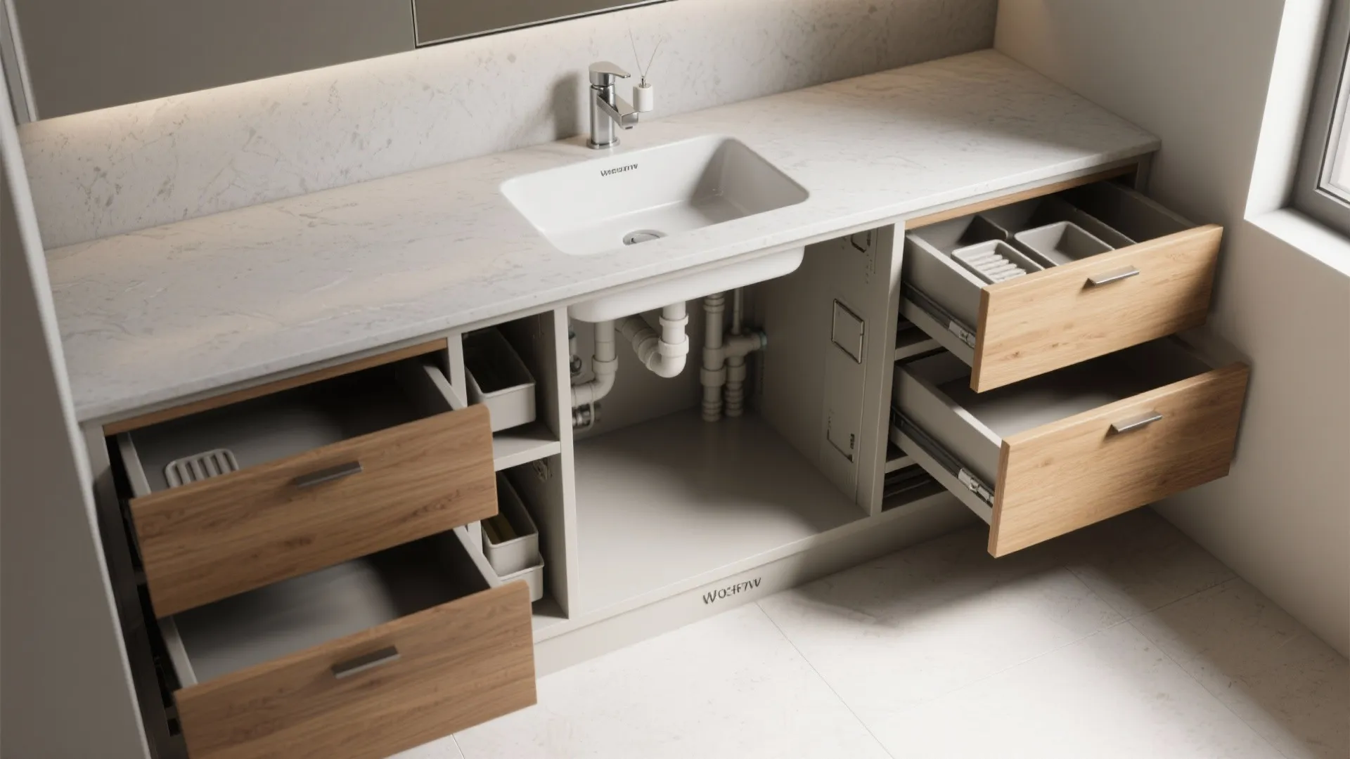 Top-down view of a compact vanity with a small drop-in sink and built-in pull-out storage solutions showing plumbing access.