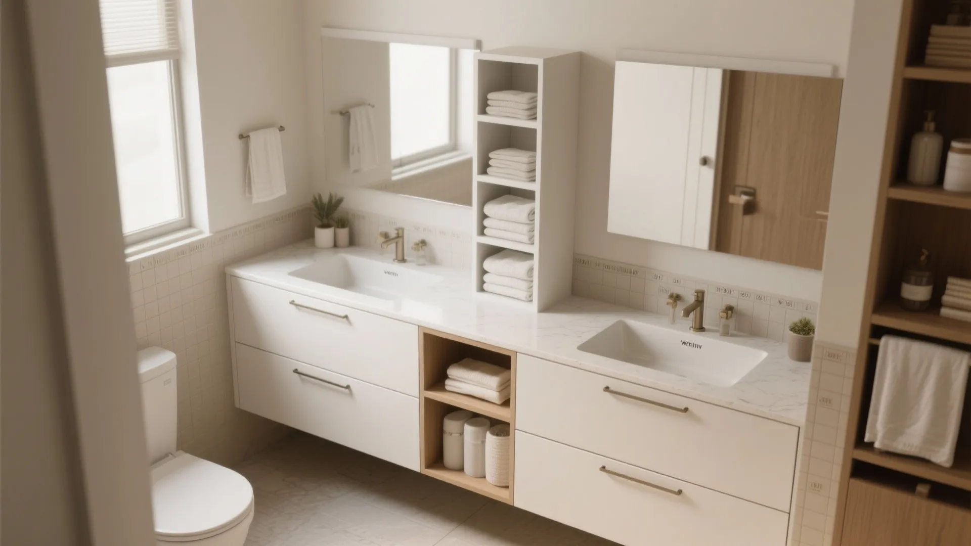 3. Double vanity with integrated storage towers