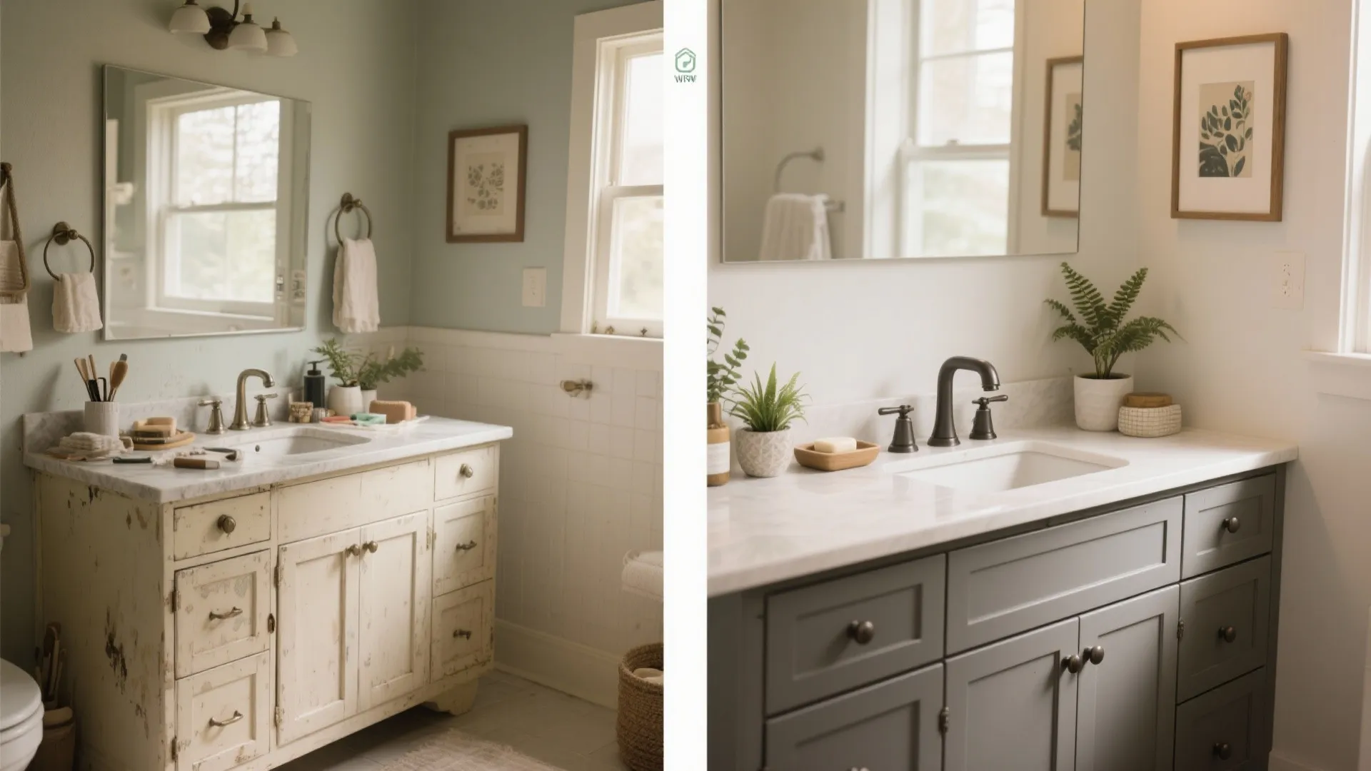 Before and after comparison showing old distressed white cabinet versus new modern dark grey bathroom cabinet