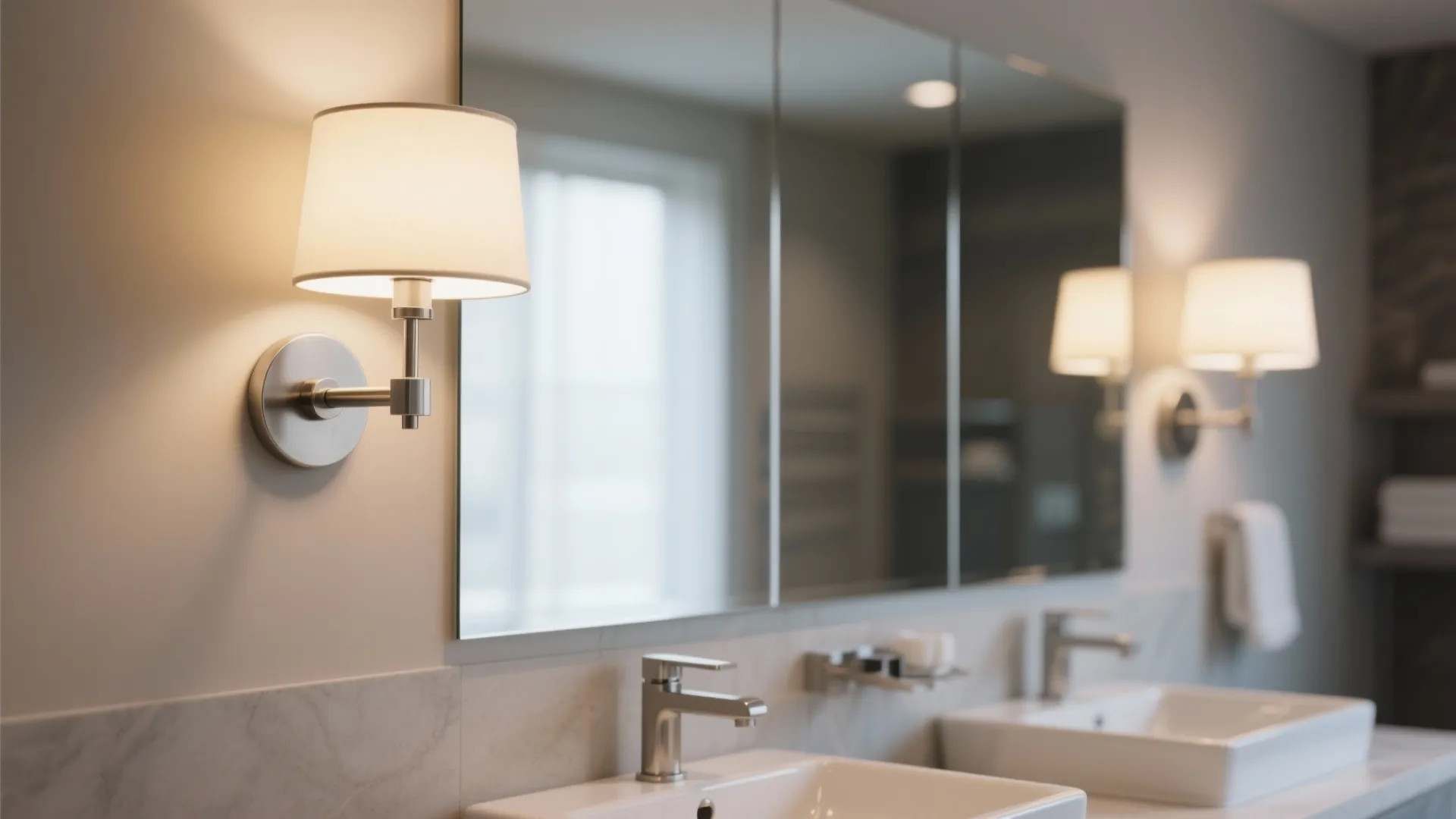 Adjustable wall sconces flanking bathroom mirror