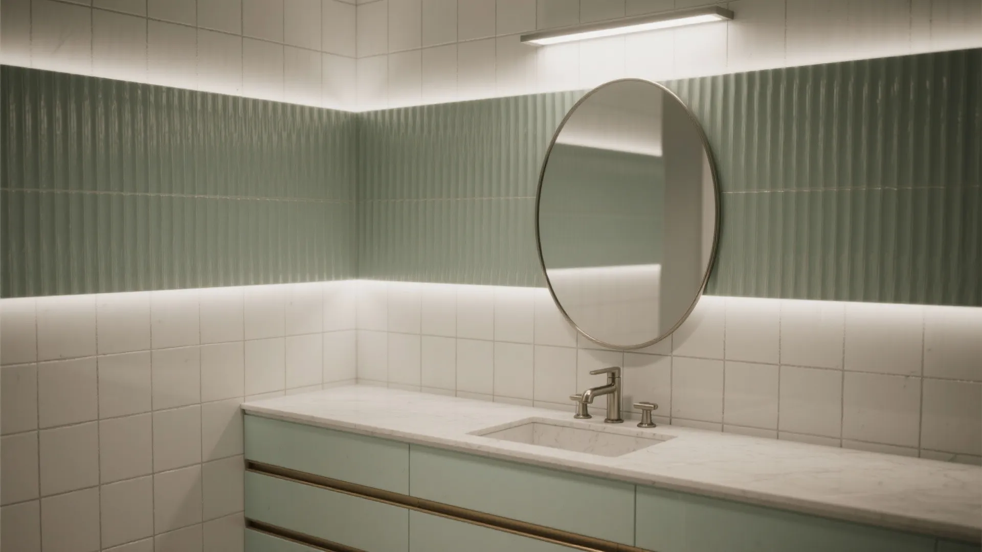 Bathroom vanity with round mirror green textured wall panel light fixture and white marble countertop