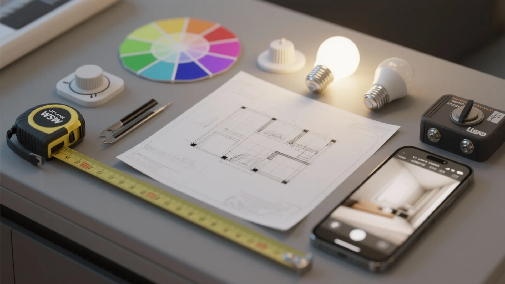 Interior design floor plan on a table with a measuring tape color wheel and lightbulbs