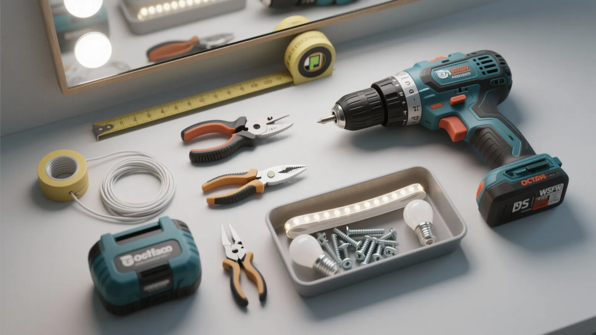 Collection of home renovation tools including a power drill measuring tape pliers and light bulbs