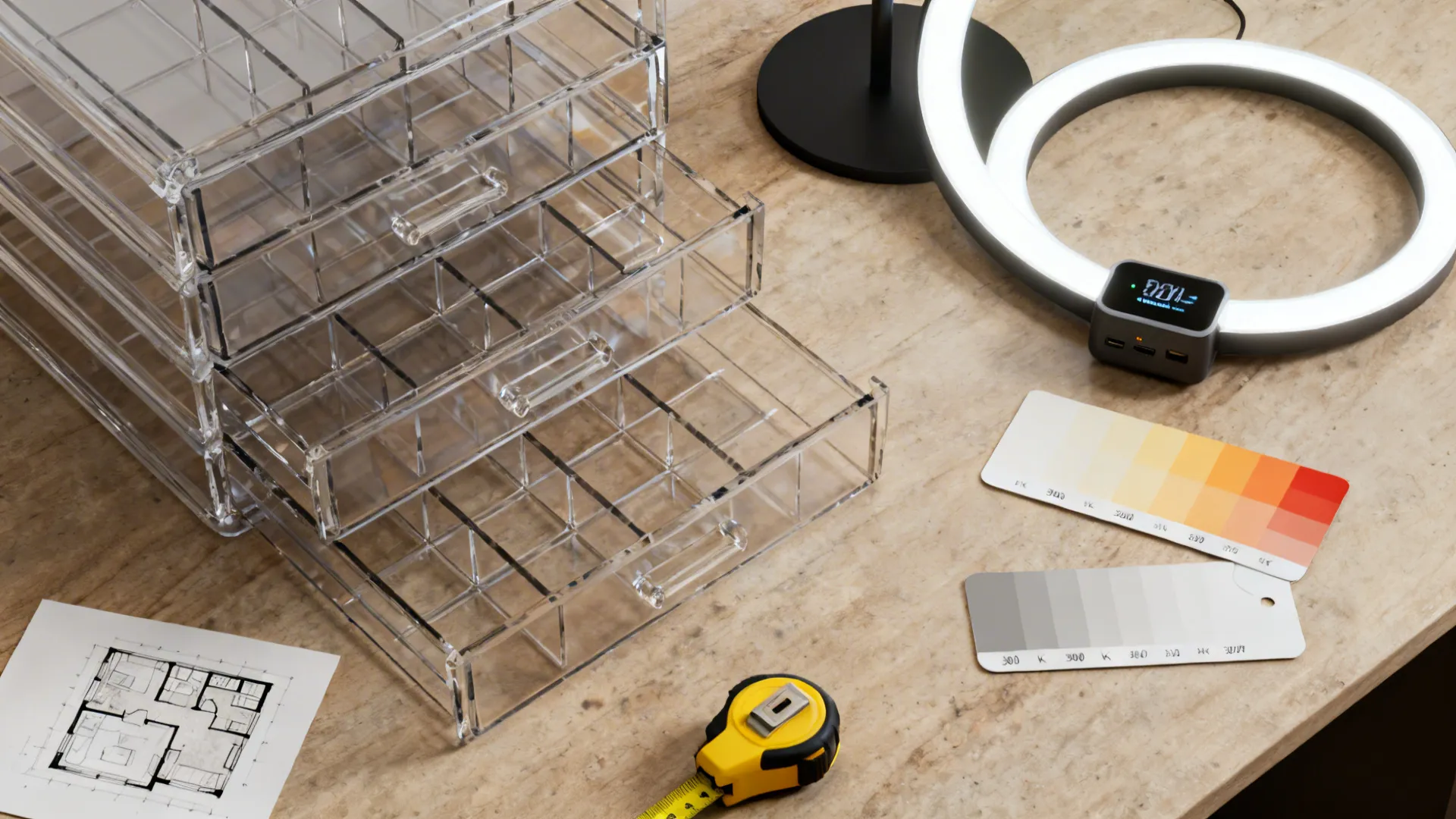 Flatlay of vanity organizers, LED ring light, and measuring tools for small-space planning.