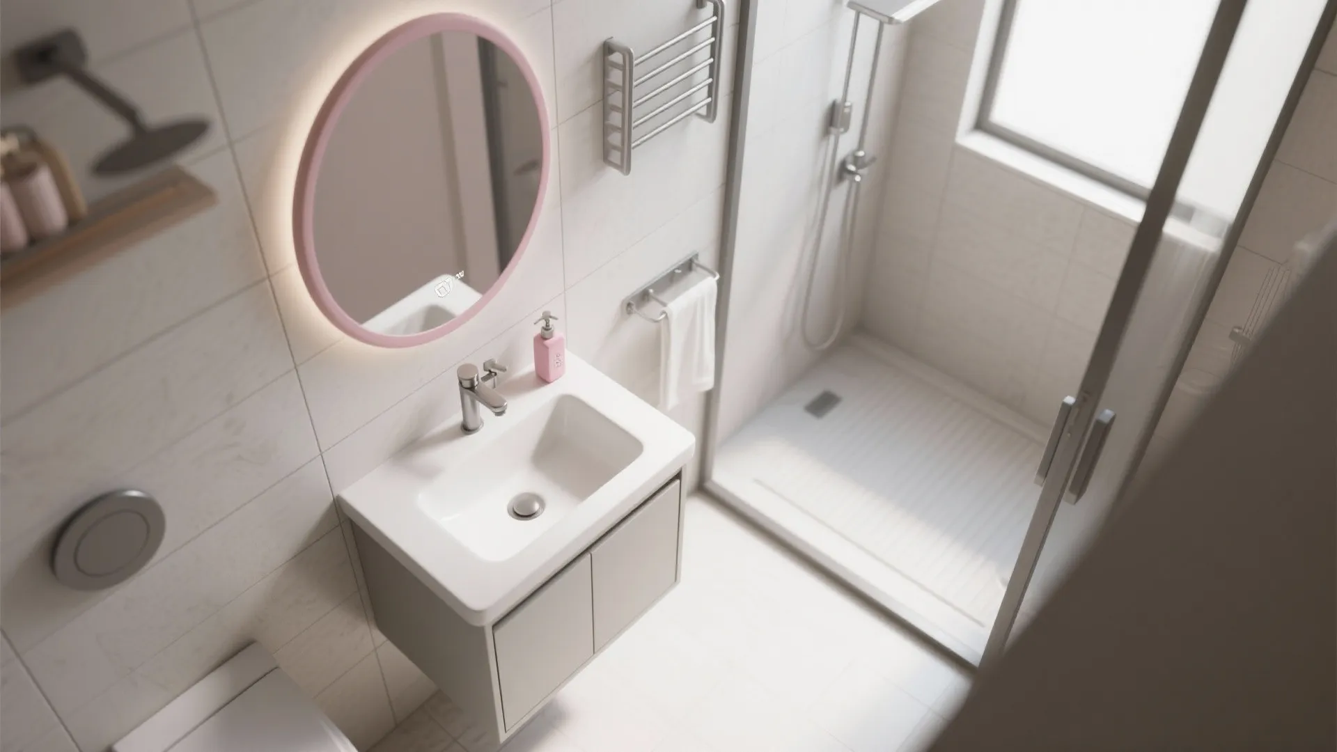 Top-down render of a compact bathroom showing wall-mounted vanity, slim under-sink cabinet and rounded mirror.