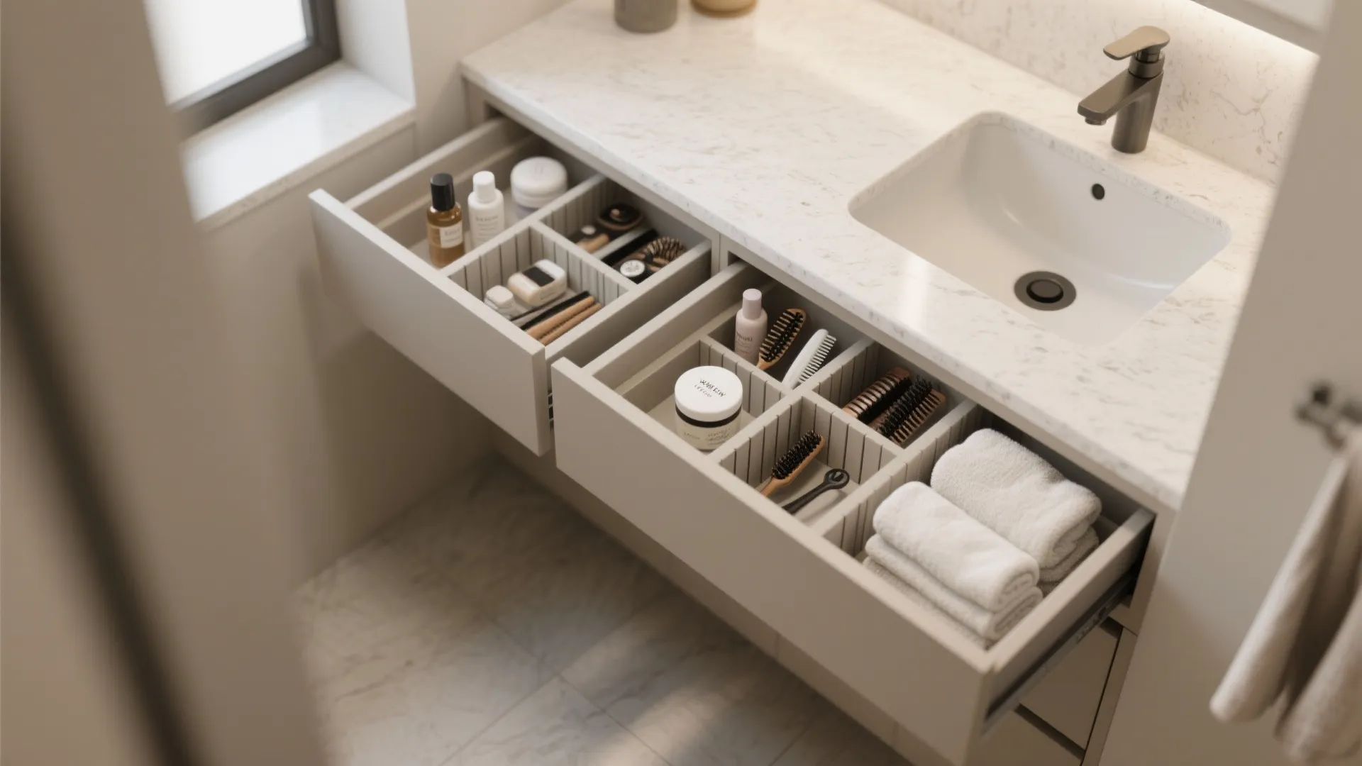 Floating vanities with deep drawers and organizers
