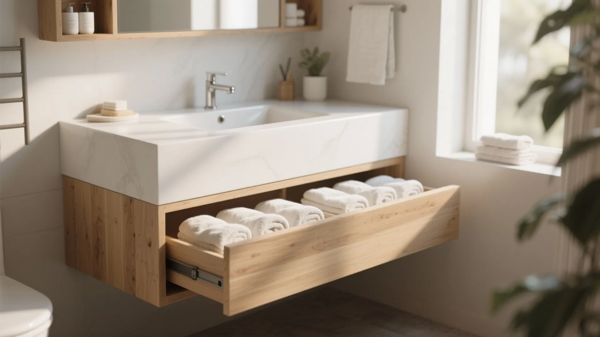 Floating wooden bathroom vanity with open drawer filled with many rolled white towels and sink