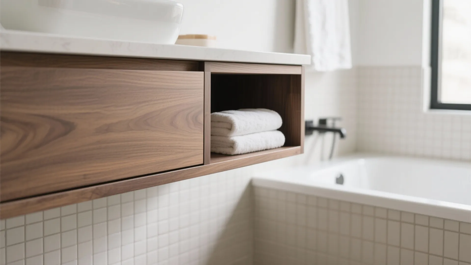 Macro of a floating oak vanity with an integrated towel niche beside a jacuzzi tub.