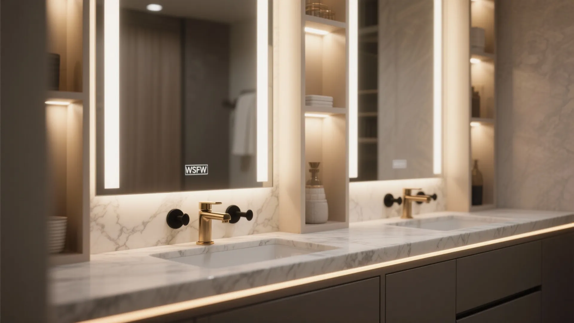 Double Vanity With Vertical Towers and Integrated Lighting