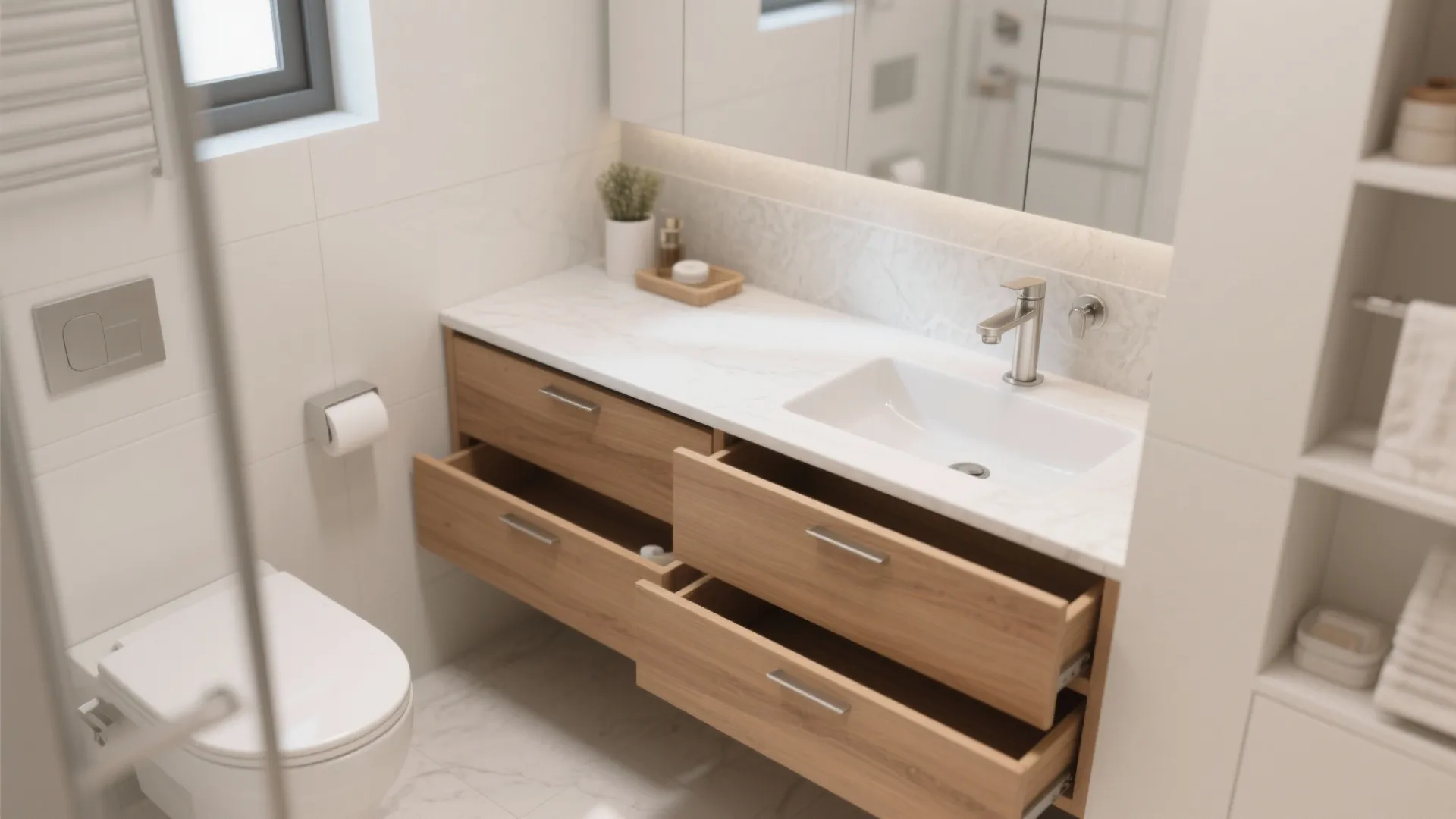Modern bathroom with wooden cabinet drawers and white sink top next to a white toilet