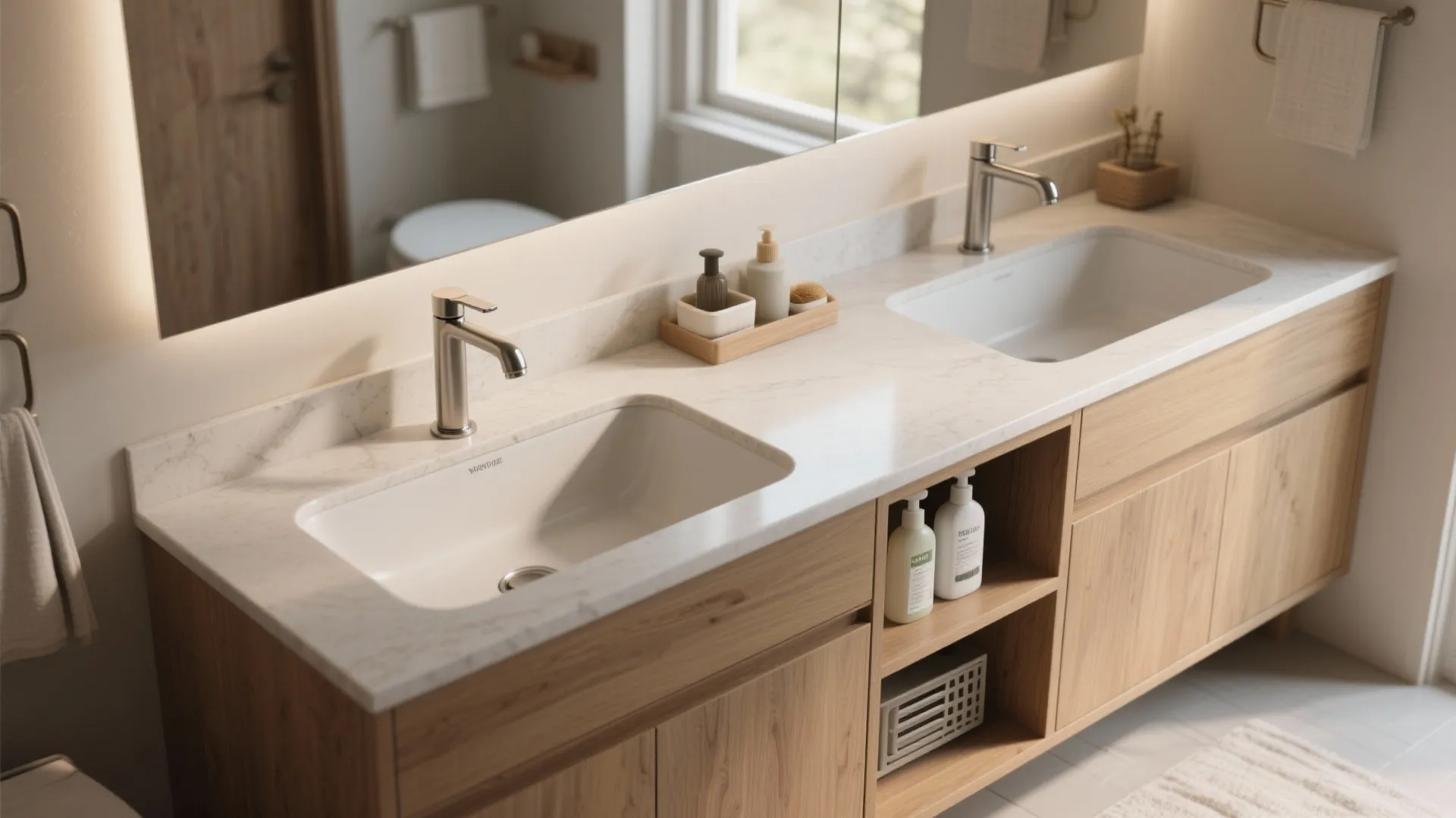 Modern bathroom double sink cabinet with white marble countertop silver faucets and large wall mirror