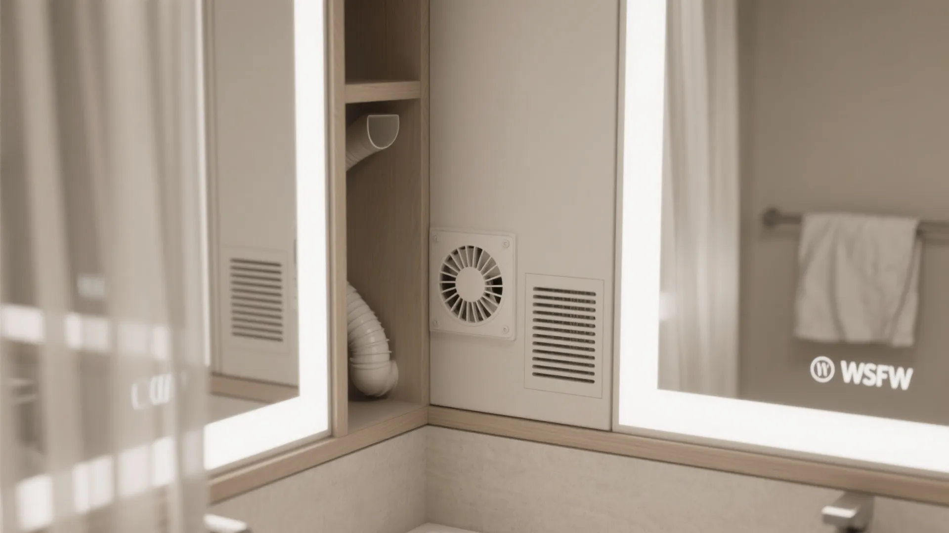 Modern bathroom cabinet with built in air fan and white light mirrors for fresh air