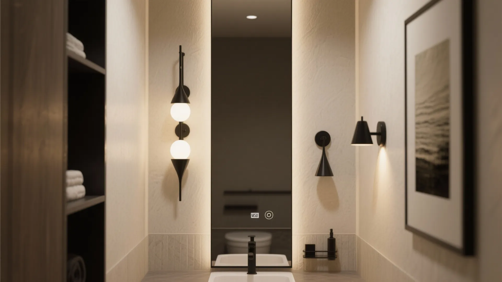 Modern bathroom vanity with tall vertical mirror black wall lights white sink and framed art