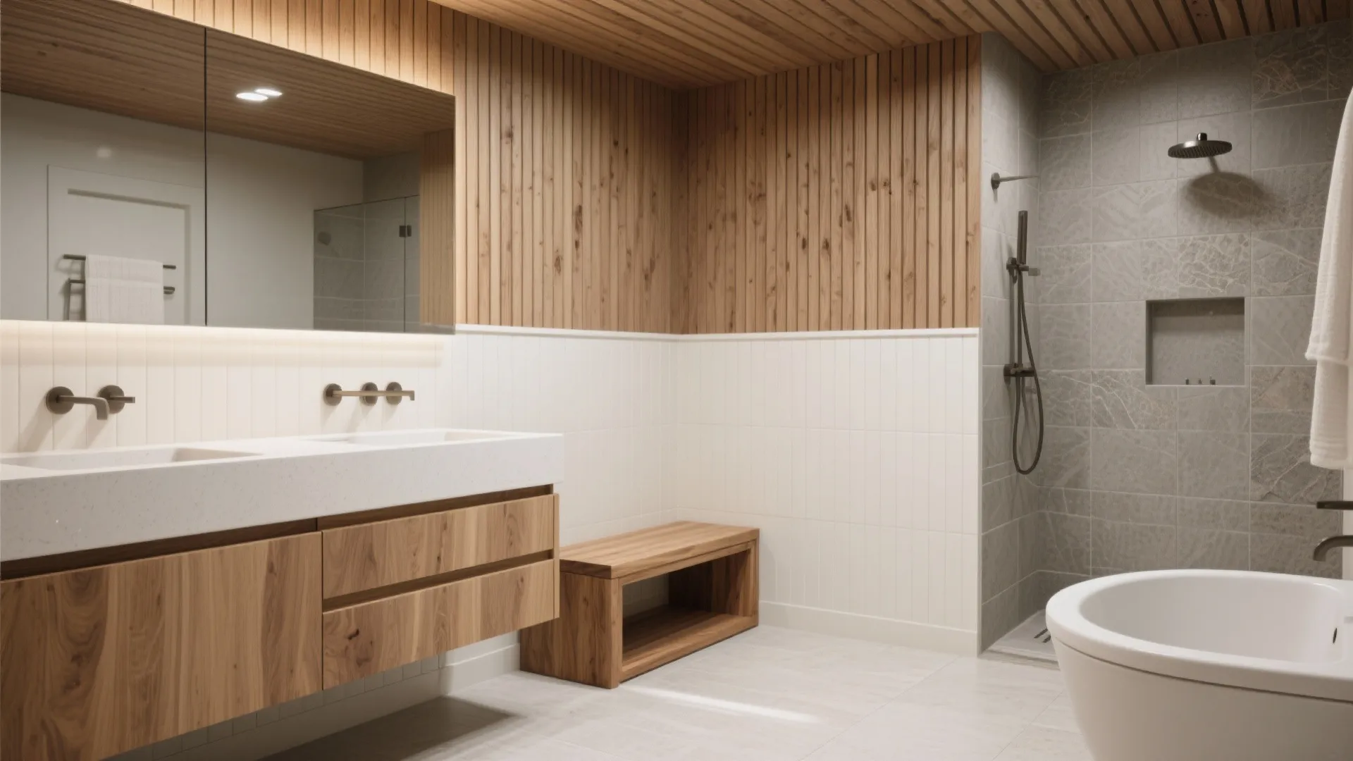 Idea 2: Put wood where it stays drier—vanities, wainscot, and ceilings