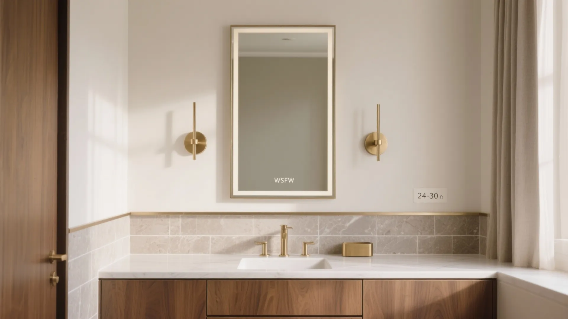 Modern bathroom vanity featuring wood cabinet white sink gold faucet lighted mirror and wall lights