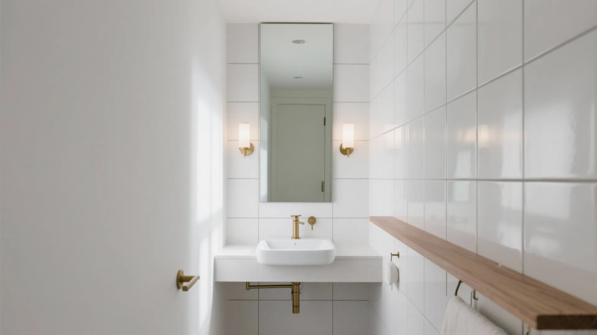 Floor-to-ceiling mirror tiles behind the vanity