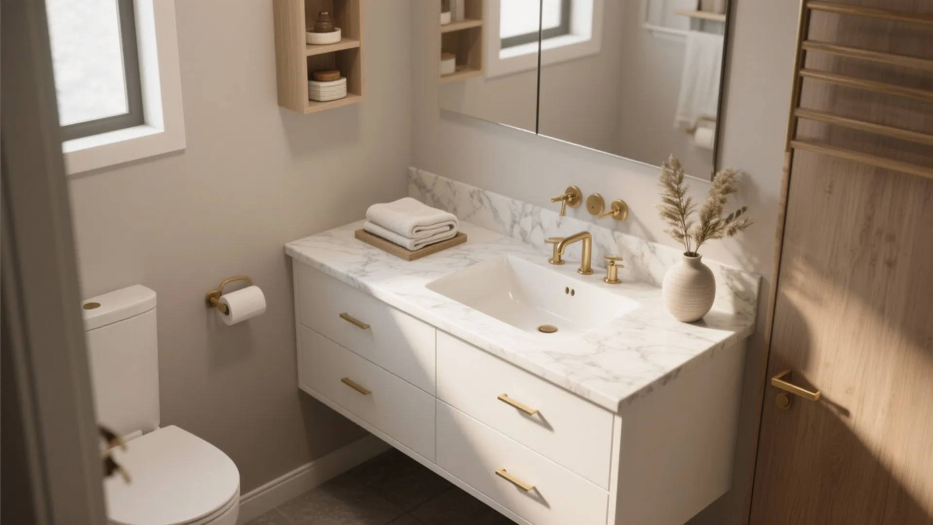 Modern bathroom with white marble cabinet gold gold faucet wooden door and warm grey walls