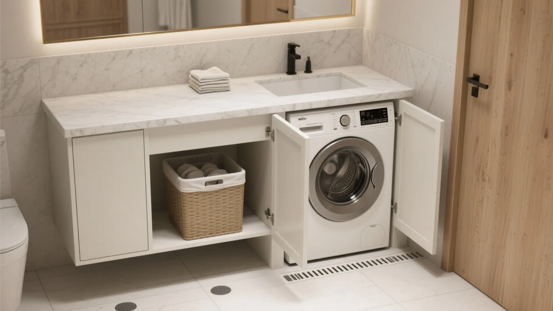 White bathroom cabinet featuring integrated washing machine marble countertop small sink and black metal faucet