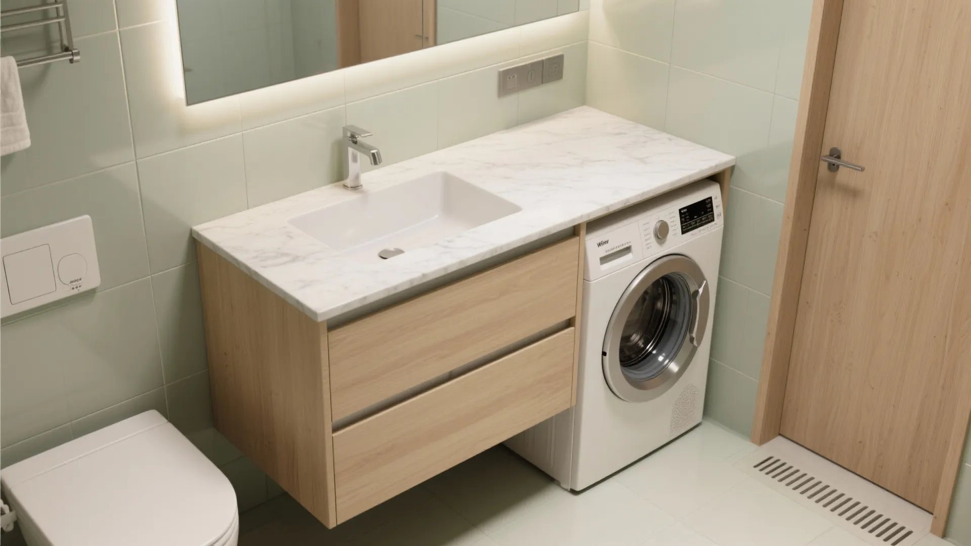 Bathroom sink with marble top and wood drawers with washing machine placed underneath the counter
