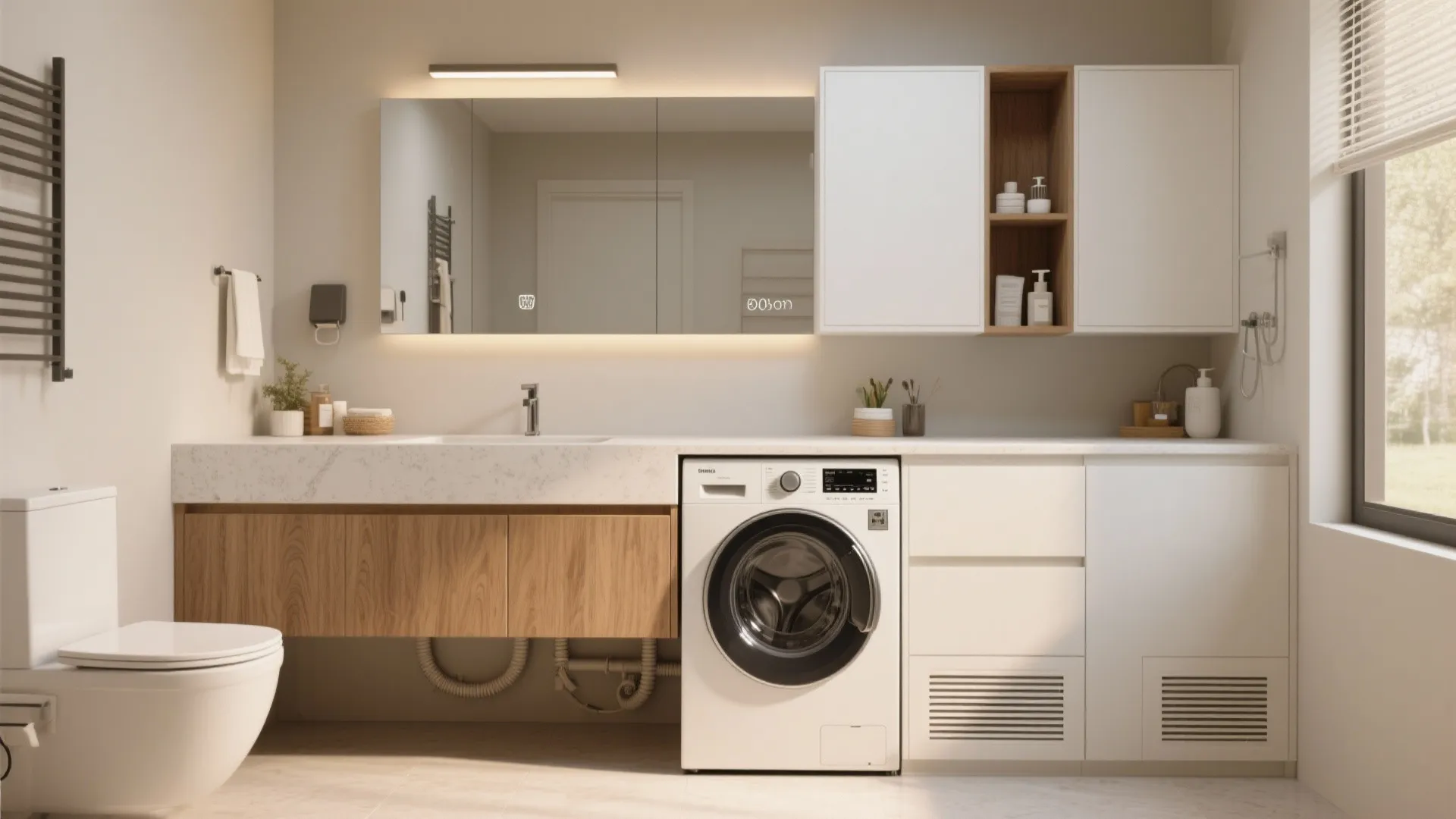 Built-in vanity + washer combo with countertop continuity