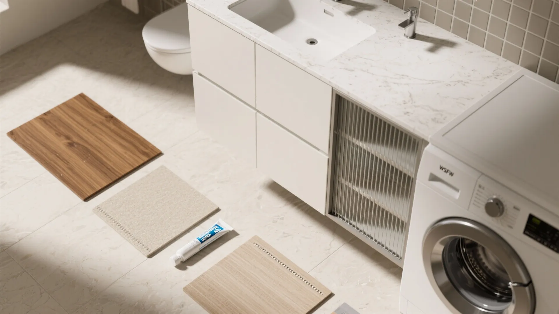 Built-in vanity + washer combo with countertop continuity