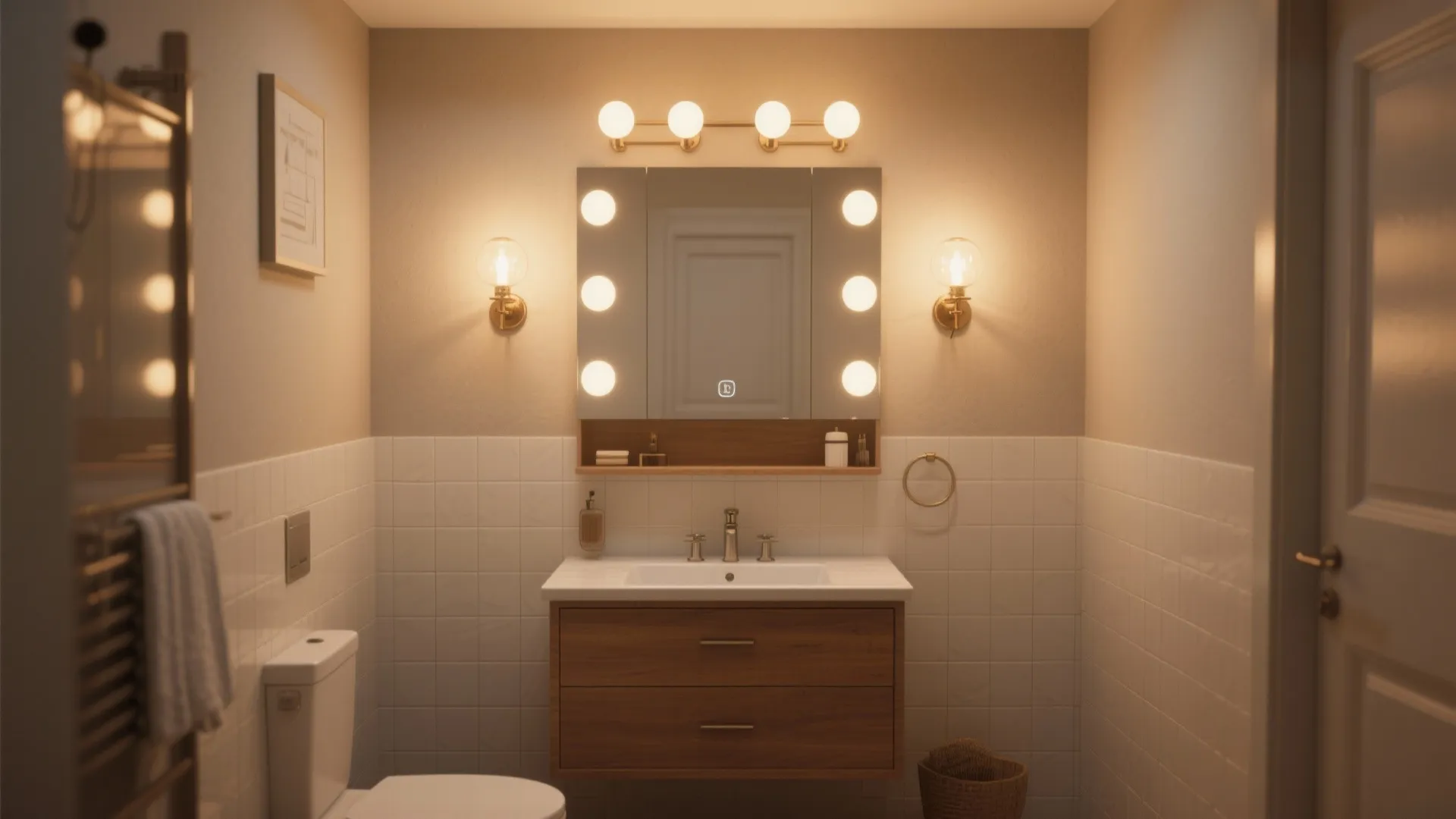 2. Mix task and ambient light with wall sconces plus the 4-light vanity