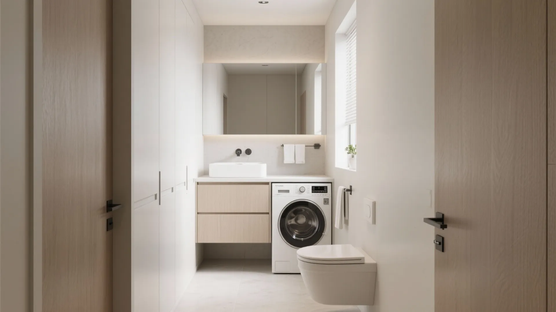 Modern white bathroom with wood vanity integrated washing machine toilet mirror and light wood doors