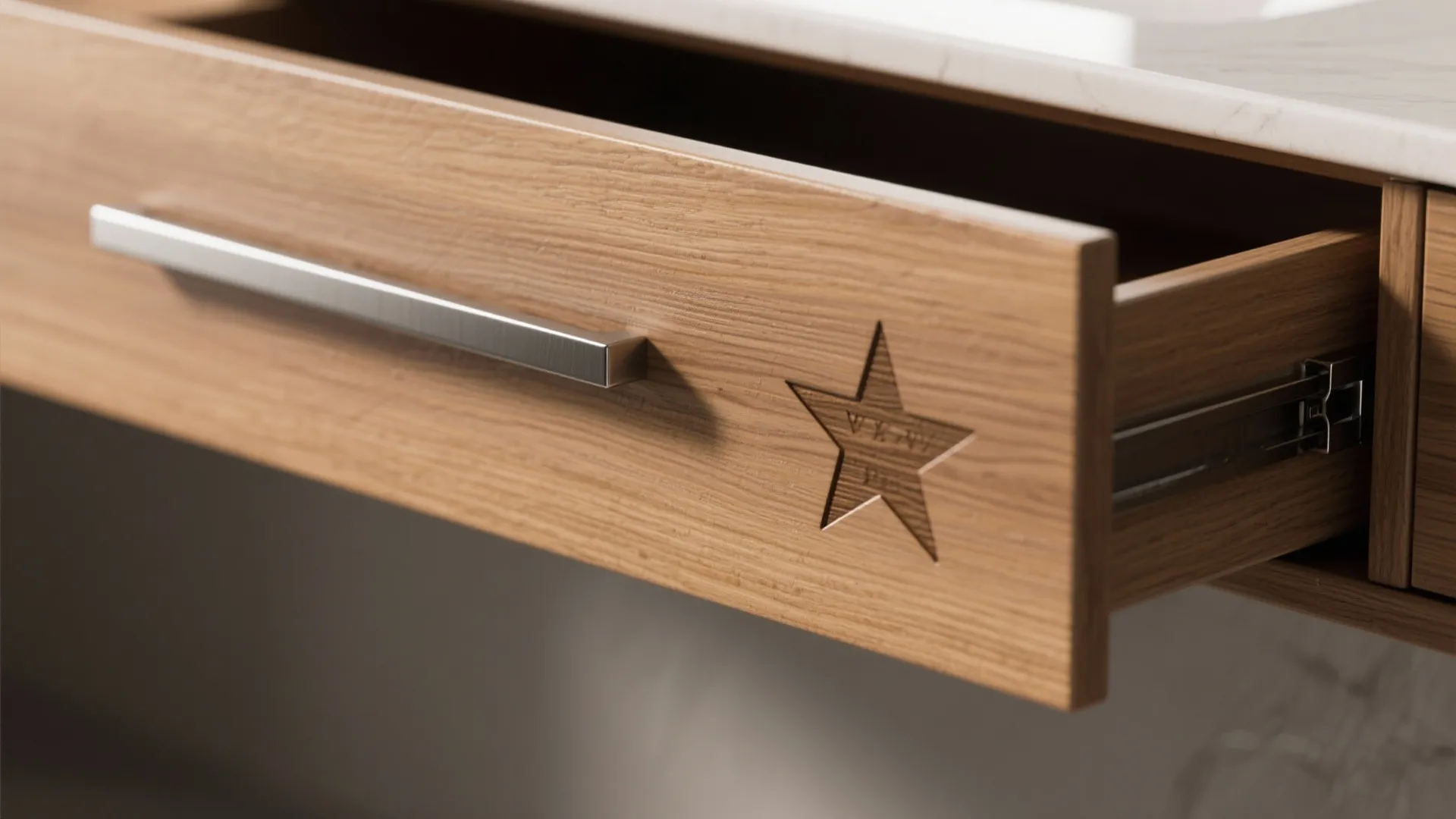 Close up of an open wooden cabinet drawer with a star detail and silver handle