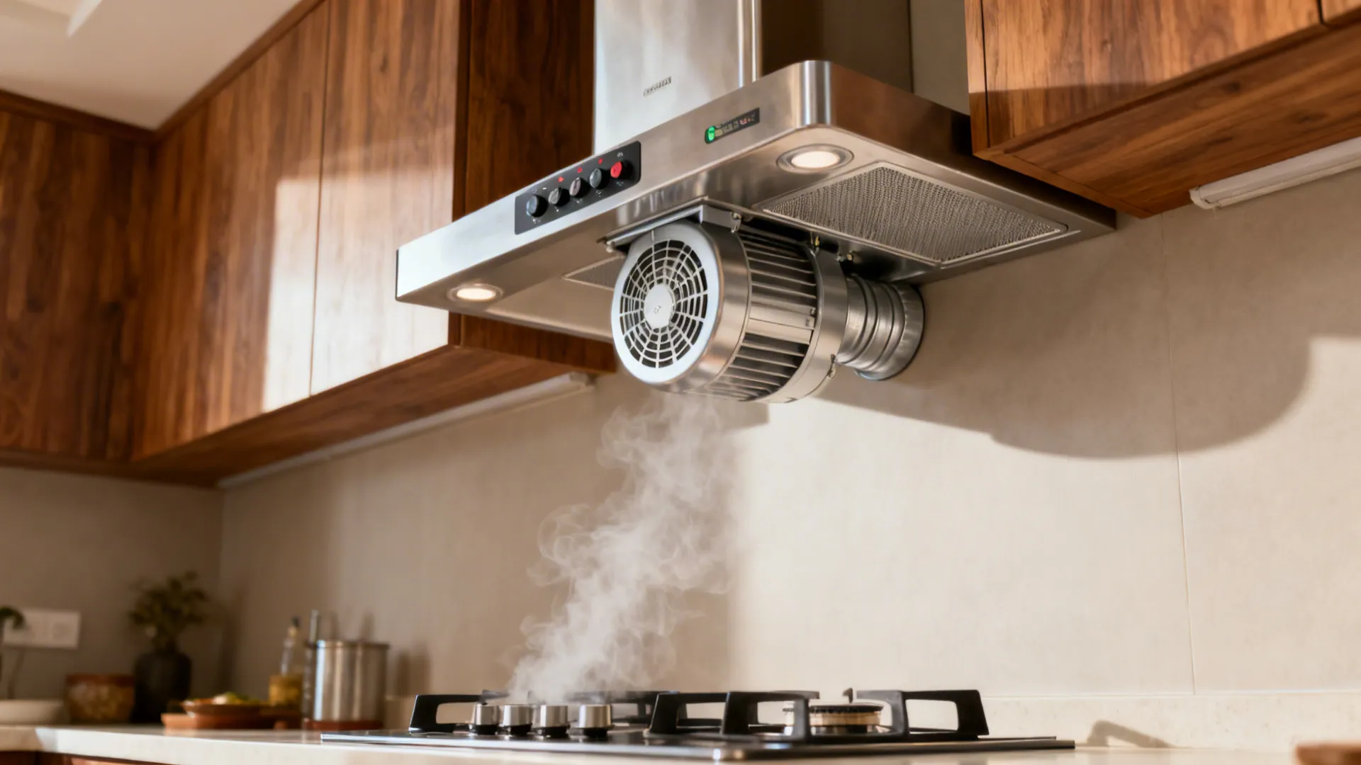 Modern stainless range hood with variable-speed controls running quietly at low speed.