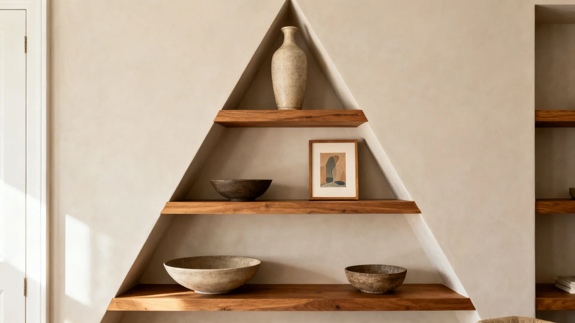 Shelves with tall vase, low bowls, layered art, and generous negative space.