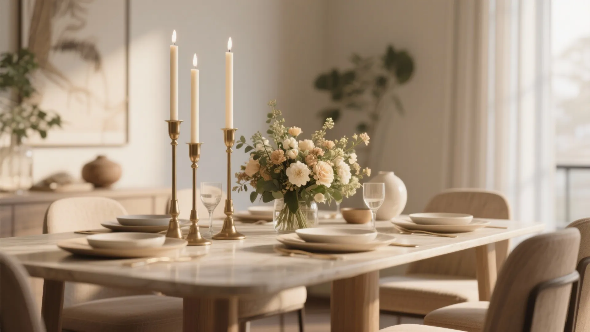 Dining table set with white plates and golden candle holders next to a flower bouquet