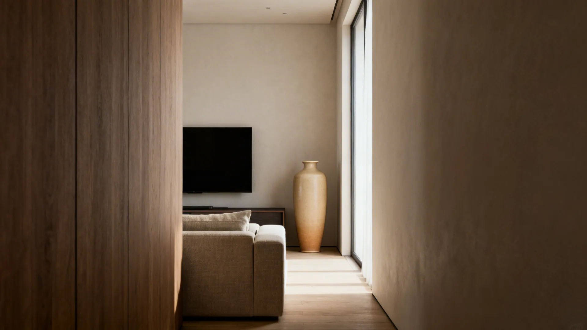 Vase placed at the end of a sofa in a narrow corner to serve as a visual anchor in a small room.