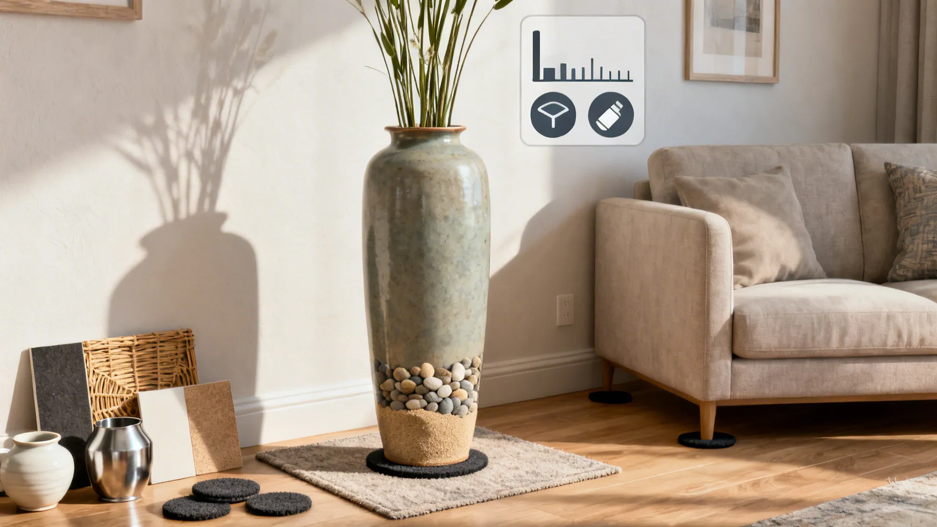 Living room corner with a tall vase and visual icons for scale, stability and material choices.
