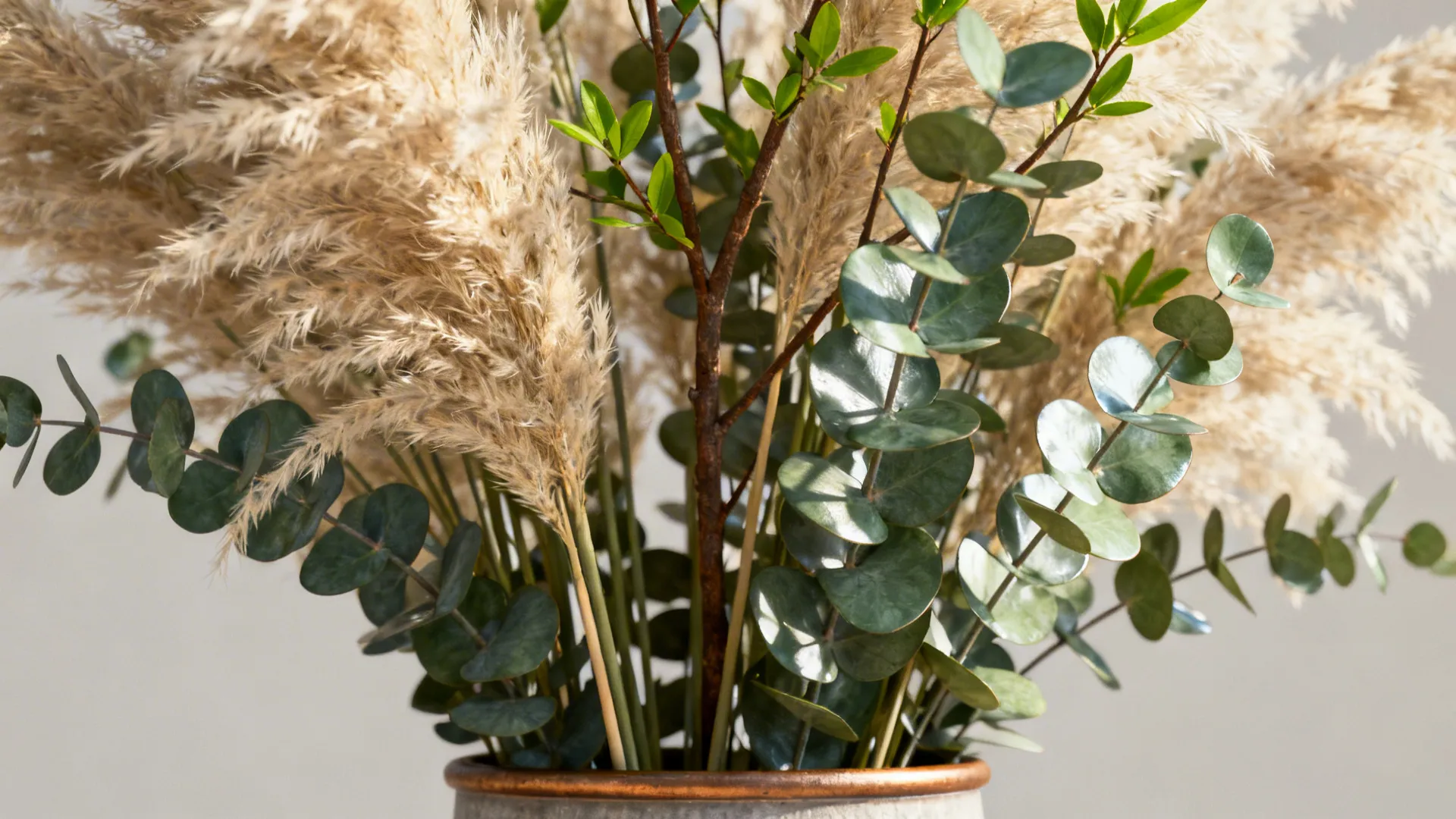 Close-up of a vase filled with pampas grass and eucalyptus showing texture and contrast.